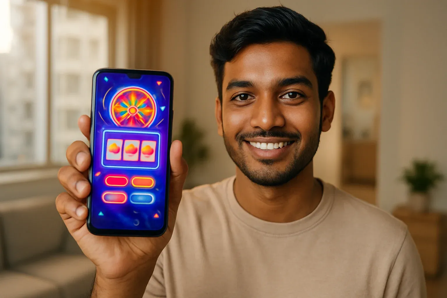 Young Bangladeshi man holding smartphone showing glowing casino app interface