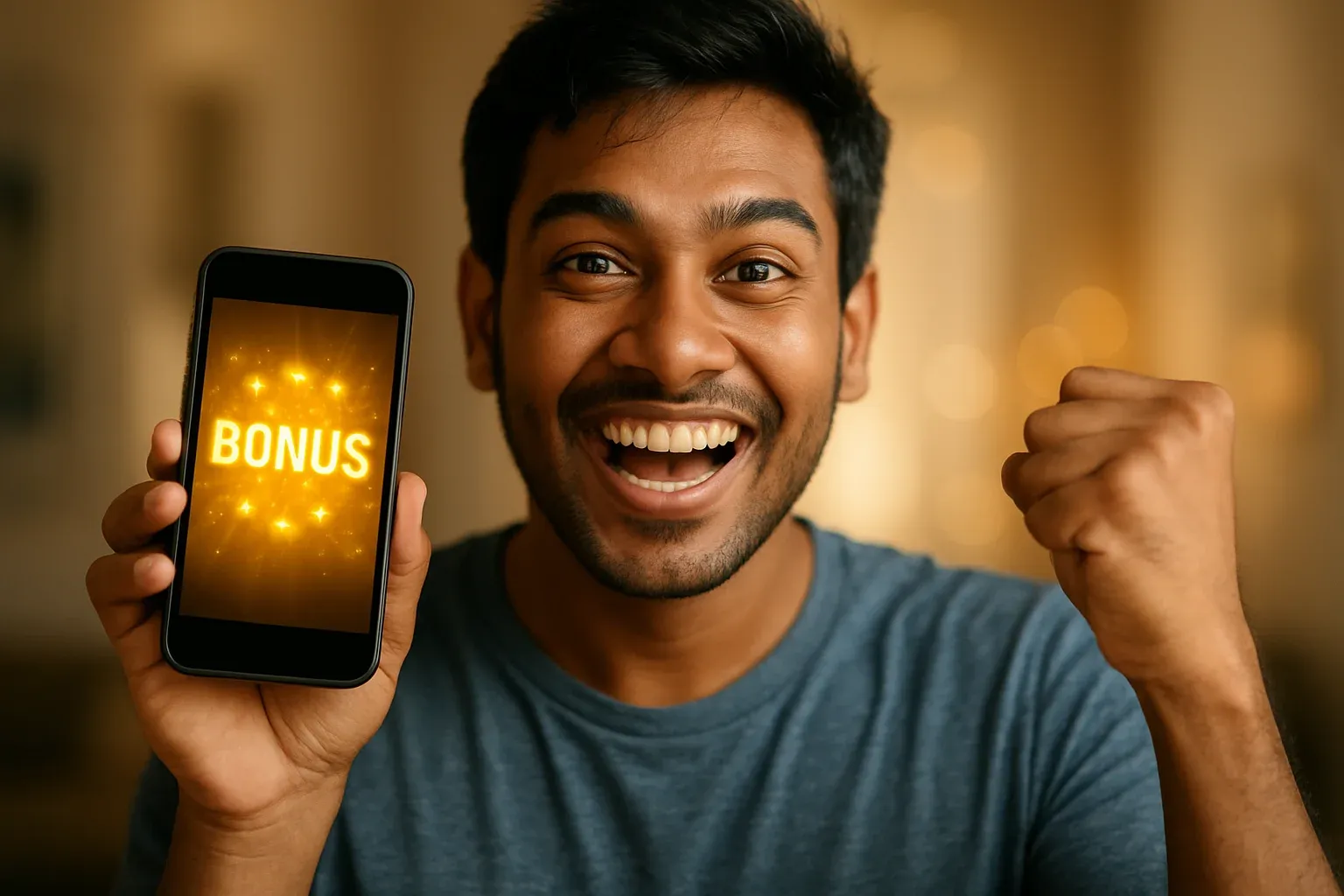 Joyful Bangladeshi man celebrating with smartphone showing glowing bonus notification