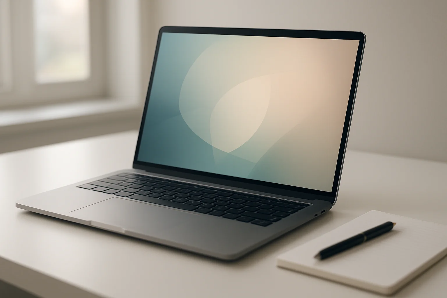 Modern laptop on white desk with abstract glowing screen in daylight