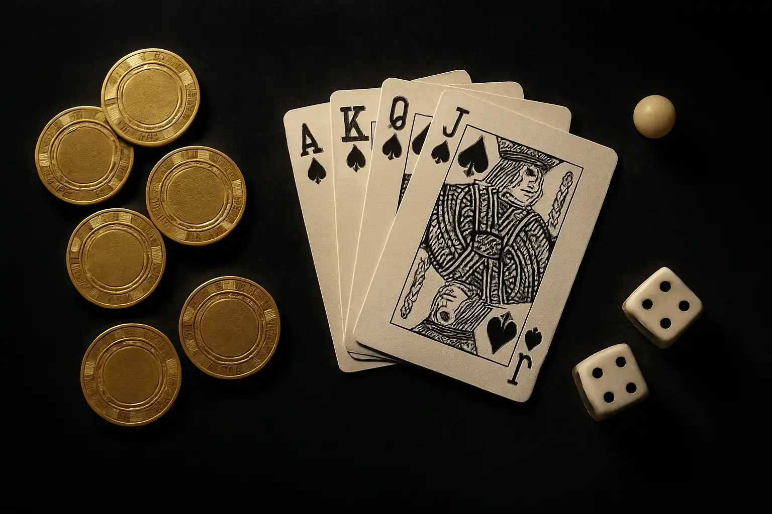 Top-down dark velvet flat-lay with golden chips, cards, dice, roulette ball
