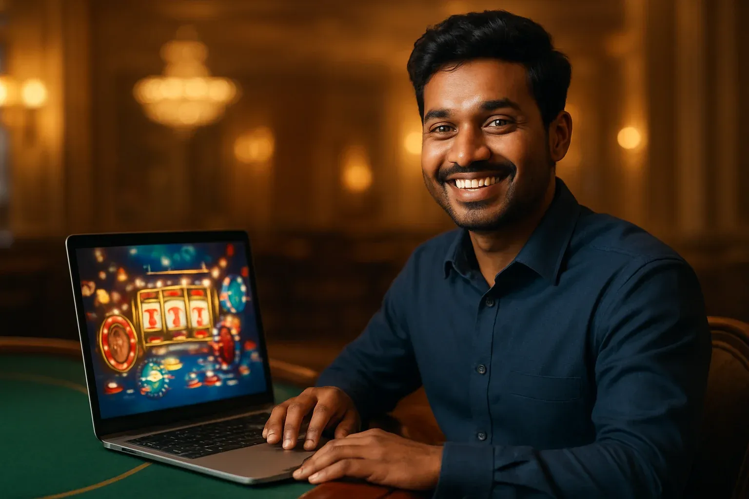 Cheerful Bangladeshi man smiling at laptop with glowing casino interface