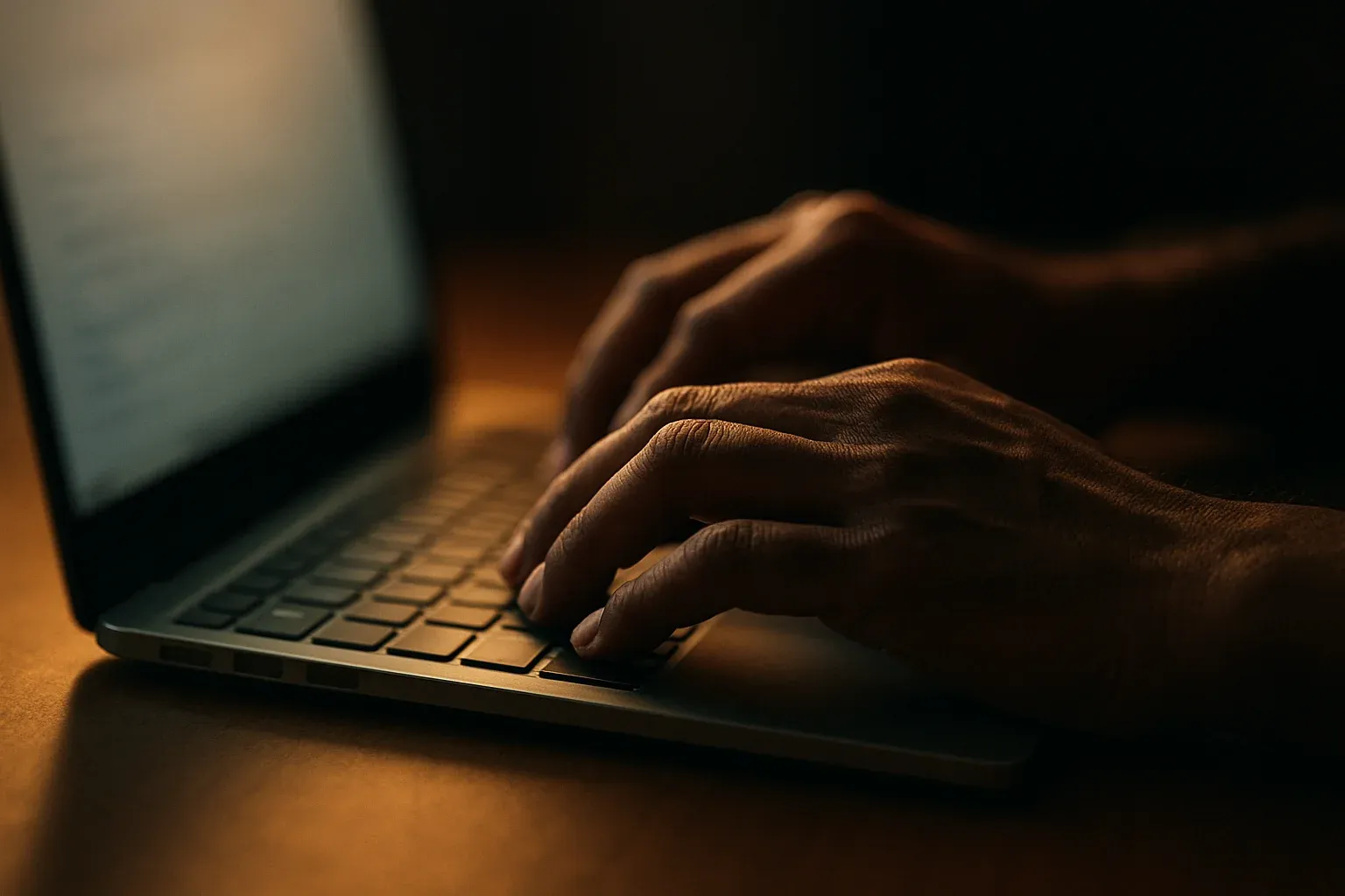Close-up of Bangladeshi hands typing on modern laptop keyboard