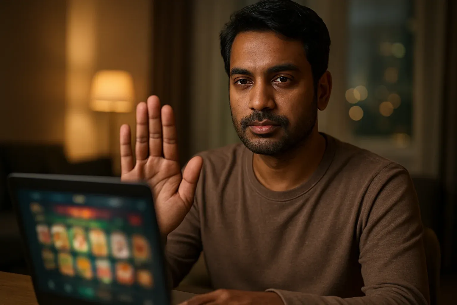 Confident Bangladeshi man shows stop gesture beside blurred online casino laptop