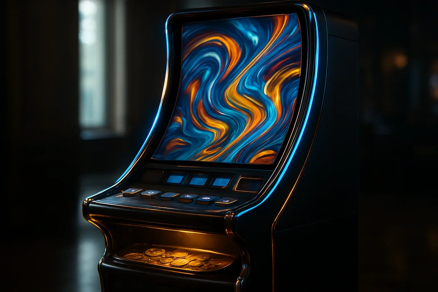 Hyperrealistic premium slot machine in dark luxury setting with neon lighting